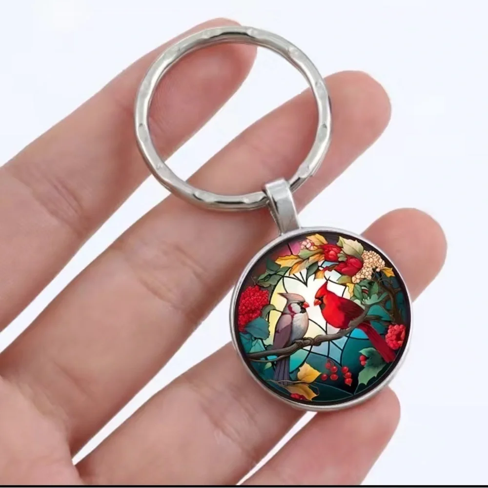 Cardinal Keychain Stained Glass Birds Motif Keyring Pendant Floral Multipurpose